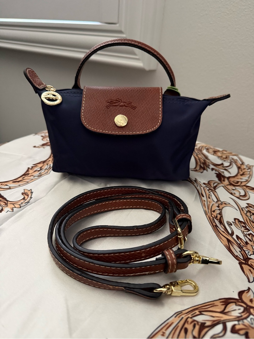 Longchamp Mini Crossbody in Navy and Brown Leather Trim